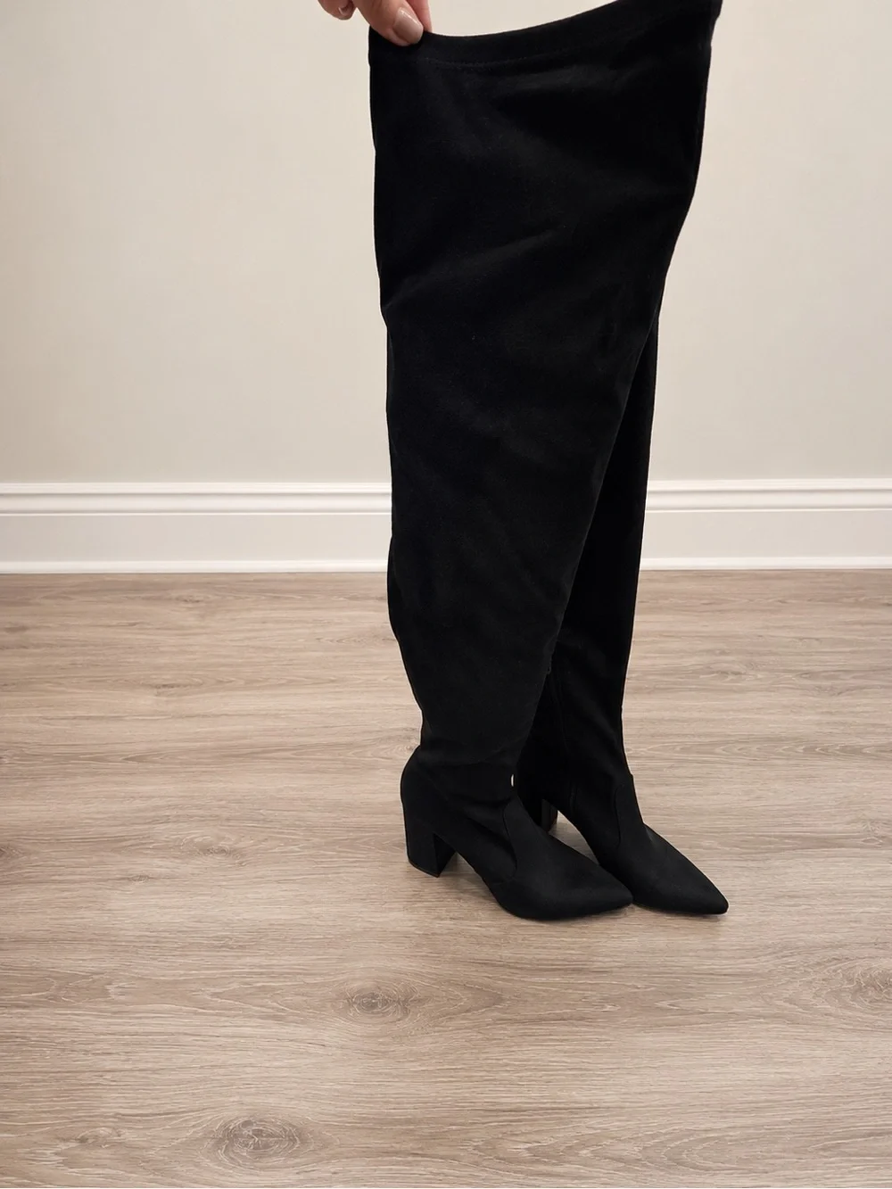 Steve Madden Larah Over-the-Knee Boots Black Stretch Knit Pointed Toe Block Heel
